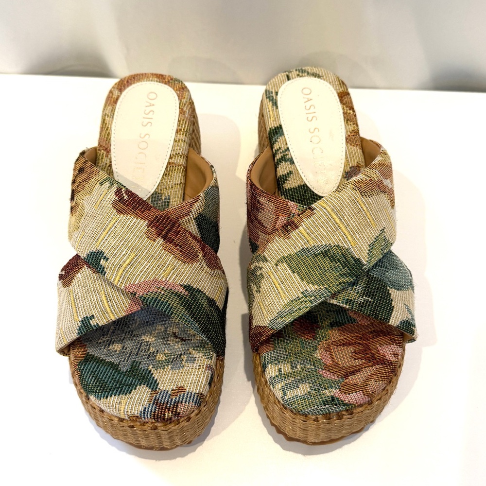 NWOT Oasis Society Platform Slide Sandals Floral Woven Size 8 Boho Chic - Picture 5 of 10